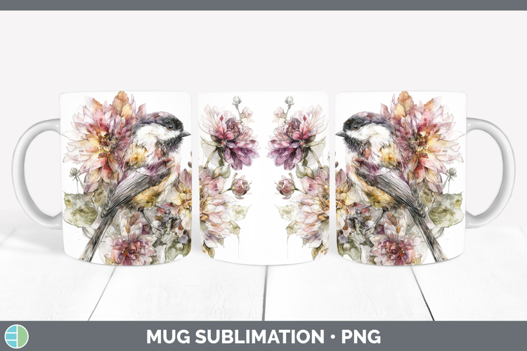 Chickadee Birds 01 Autumn Floral Mug Wrap Sublimation Design