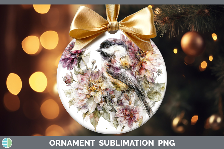Chickadee Birds 01 Autumn Floral Ornament Sublimation Design