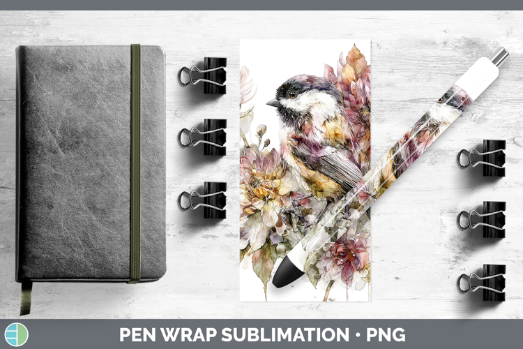 Chickadee Birds 01 Autumn Floral Pen Wrap Sublimation Design