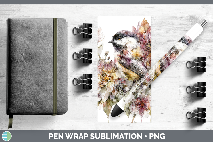 Chickadee Birds 01 Autumn Floral Pen Wrap Sublimation Design