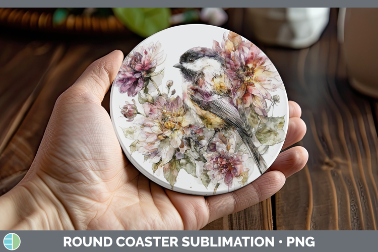 Chickadee Birds 01 Autumn Floral Round Coaster Sublimation D