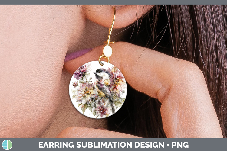 Chickadee Birds 01 Autumn Floral Round Earrings Sublimation