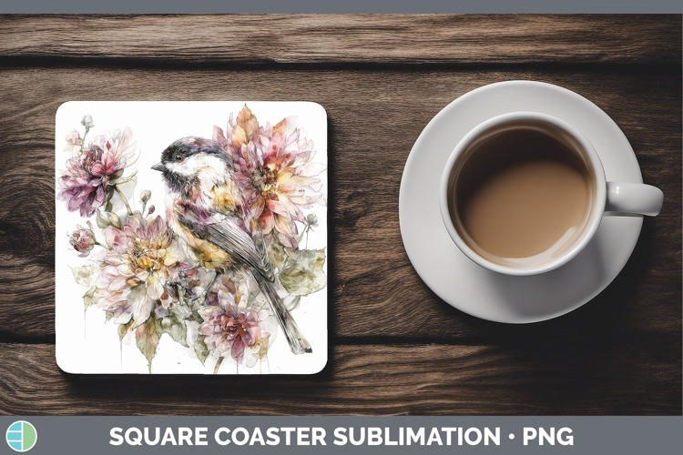 Chickadee Birds 01 Autumn Floral Square Coaster Sublimation