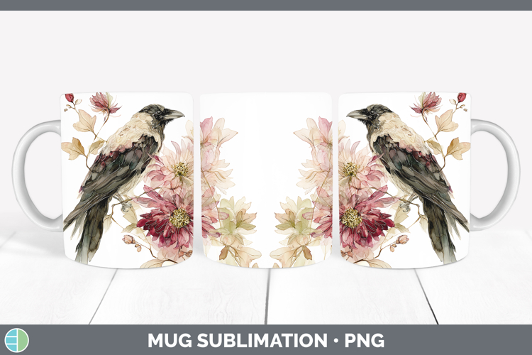 Crow Birds 01 Autumn Floral Mug Wrap Sublimation Design