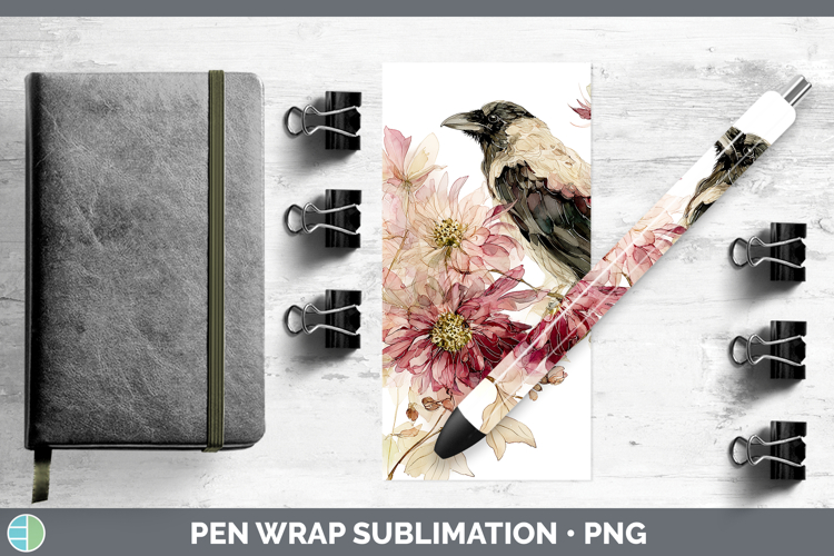 Crow Birds 01 Autumn Floral Pen Wrap Sublimation Design