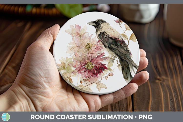 Crow Birds 01 Autumn Floral Round Coaster Sublimation Design