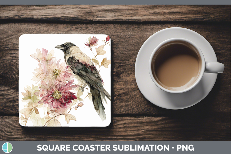 Crow Birds 01 Autumn Floral Square Coaster Sublimation Desig