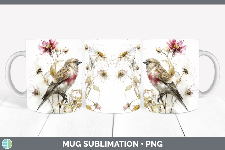 Finch Birds 01 Autumn Floral Mug Wrap Sublimation Design