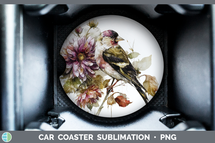 Goldfinch Birds 01 Autumn Floral Car Coaster Sublimation Des