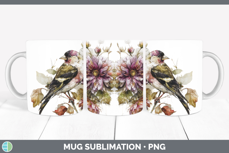 Goldfinch Birds 01 Autumn Floral Mug Wrap Sublimation Design