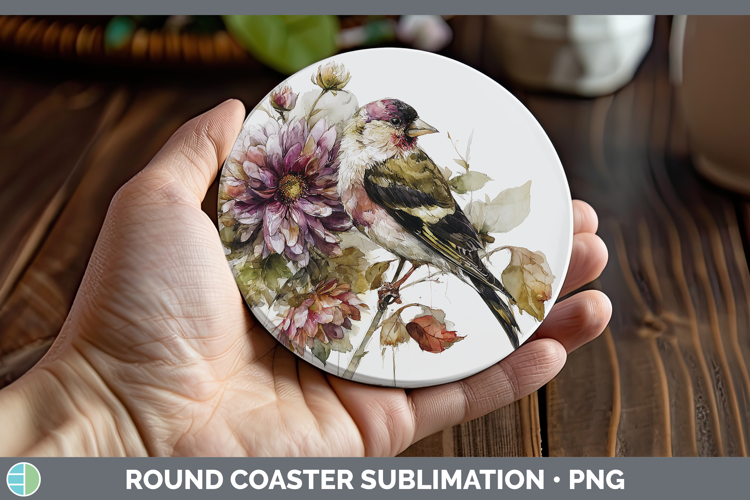 Goldfinch Birds 01 Autumn Floral Round Coaster Sublimation D