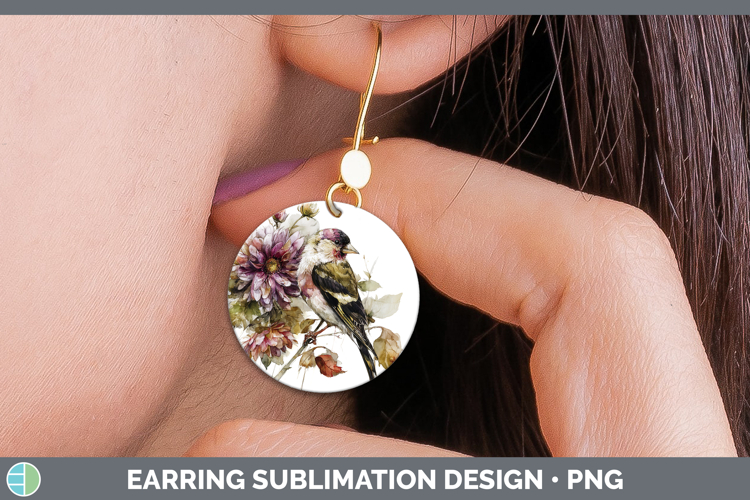 Goldfinch Birds 01 Autumn Floral Round Earrings Sublimation