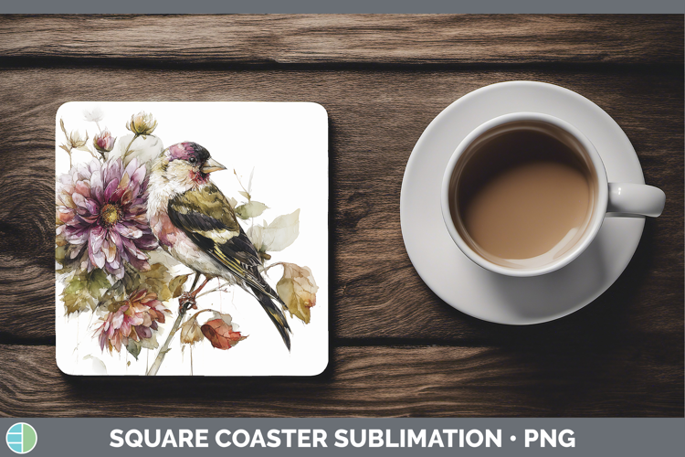 Goldfinch Birds 01 Autumn Floral Square Coaster Sublimation