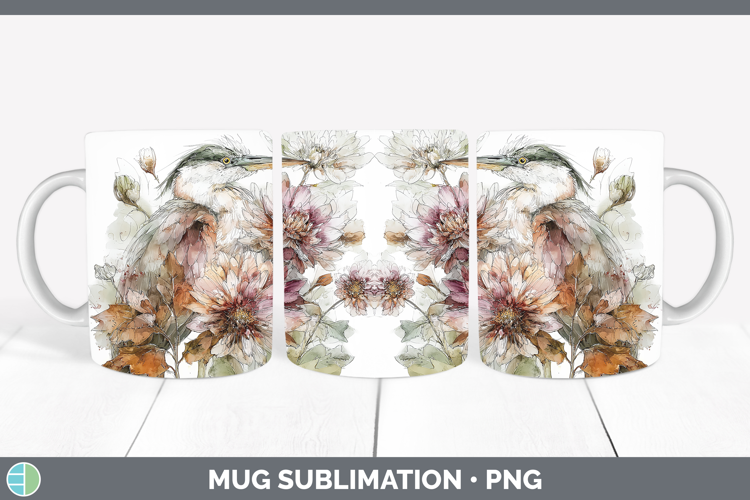Great Blue Heron Birds 01 Autumn Floral Mug Wrap Sublimation