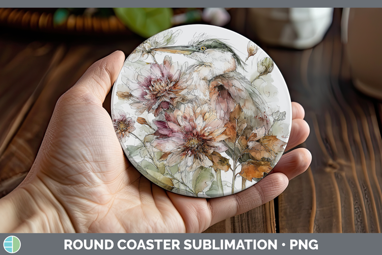 Great Blue Heron Birds 01 Autumn Floral Round Coaster Sublim