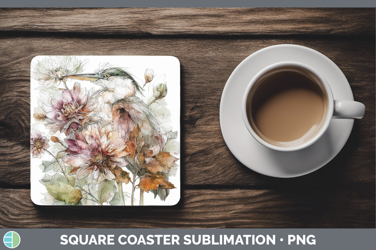 Great Blue Heron Birds 01 Autumn Floral Square Coaster Subli