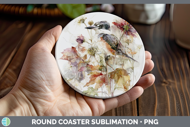 Kingfisher Birds 01 Autumn Floral Round Coaster Sublimation