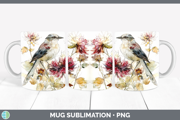 Mockingbird Birds 01 Autumn Floral Mug Wrap Sublimation Desi