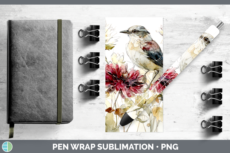 Mockingbird Birds 01 Autumn Floral Pen Wrap Sublimation Desi