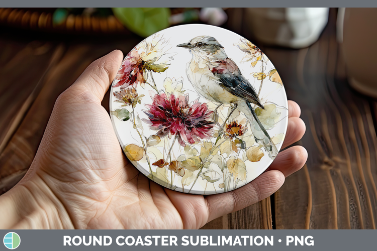 Mockingbird Birds 01 Autumn Floral Round Coaster Sublimation