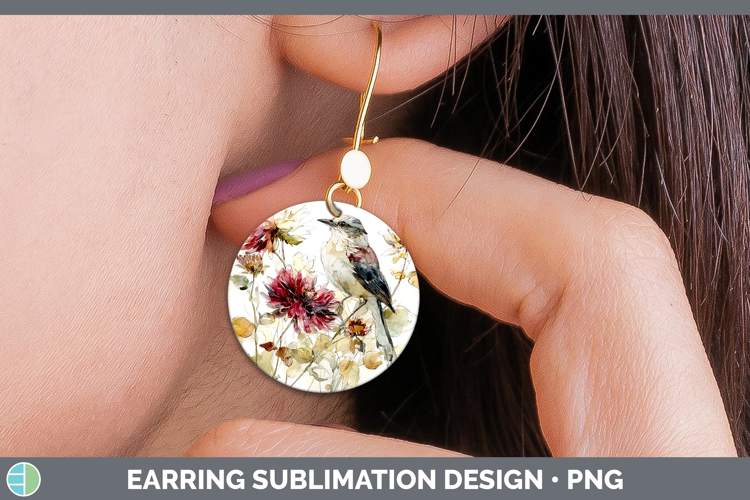 Mockingbird Birds 01 Autumn Floral Round Earrings Sublimatio
