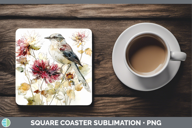 Mockingbird Birds 01 Autumn Floral Square Coaster Sublimatio