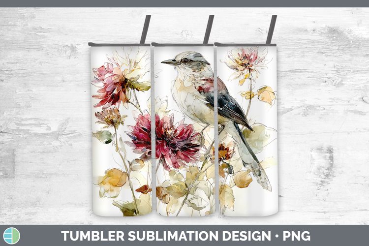 Mockingbird Birds 01 Autumn Floral Tumbler Sublimation Desig