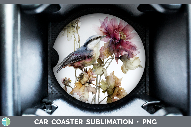 Nuthatch Birds 01 Autumn Floral Car Coaster Sublimation Desi