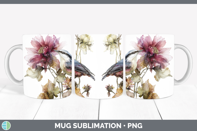 Nuthatch Birds 01 Autumn Floral Mug Wrap Sublimation Design