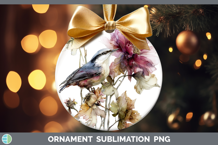 Nuthatch Birds 01 Autumn Floral Ornament Sublimation Design