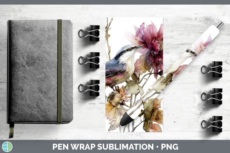 Nuthatch Birds 01 Autumn Floral Pen Wrap Sublimation Design
