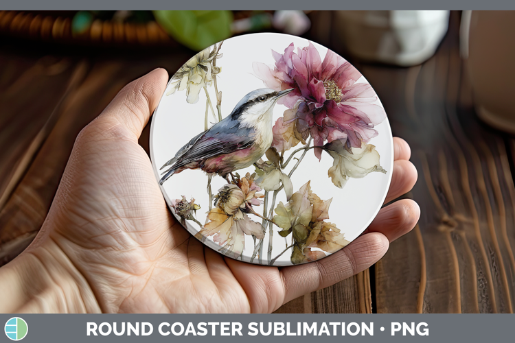 Nuthatch Birds 01 Autumn Floral Round Coaster Sublimation De
