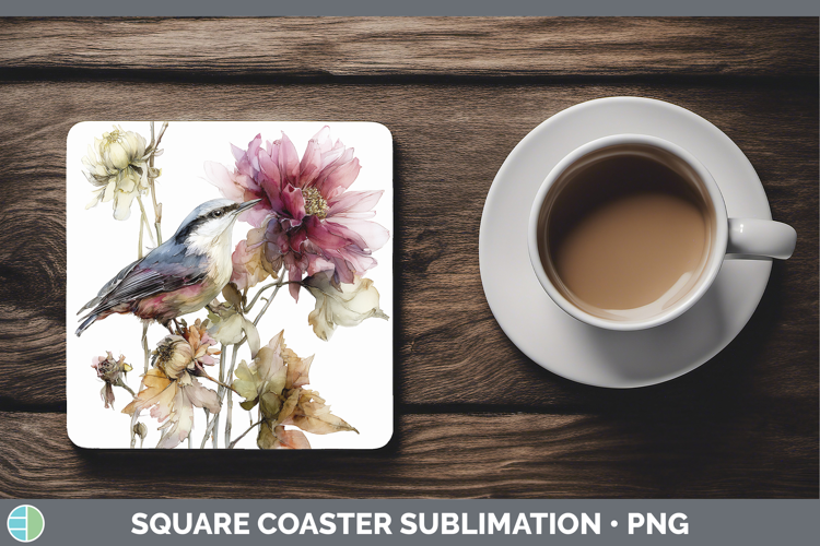 Nuthatch Birds 01 Autumn Floral Square Coaster Sublimation D
