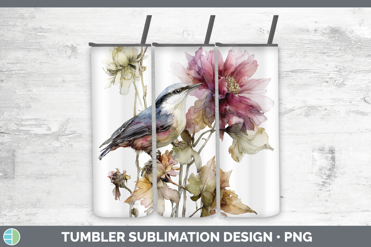 Nuthatch Birds 01 Autumn Floral Tumbler Sublimation Design