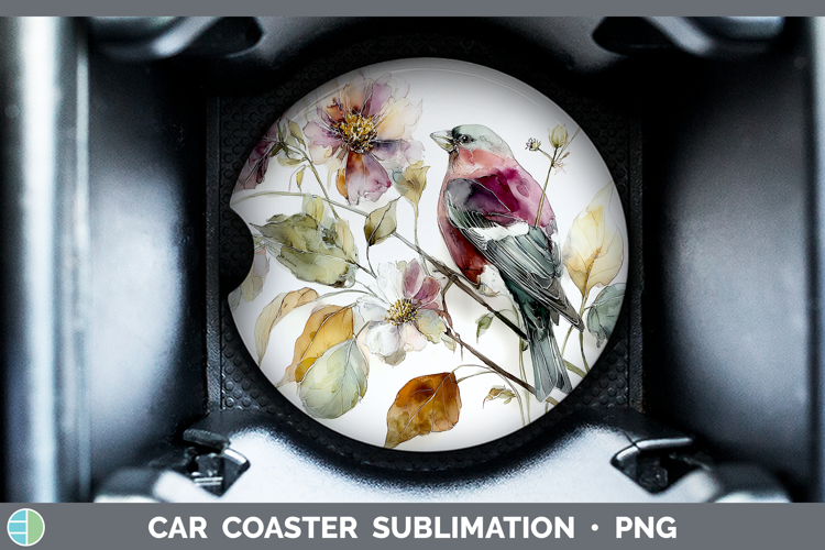 Pine Grosbeak Birds 01 Autumn Floral Car Coaster Sublimation