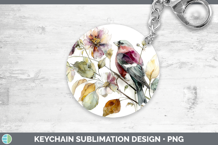 Pine Grosbeak Birds 01 Autumn Floral Keychain Sublimation De