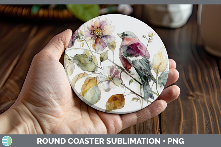 Pine Grosbeak Birds 01 Autumn Floral Round Coaster Sublimati