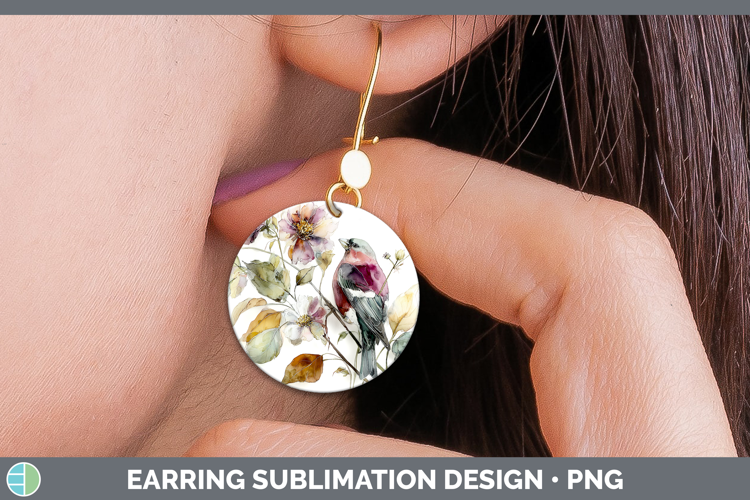 Pine Grosbeak Birds 01 Autumn Floral Round Earrings Sublimat