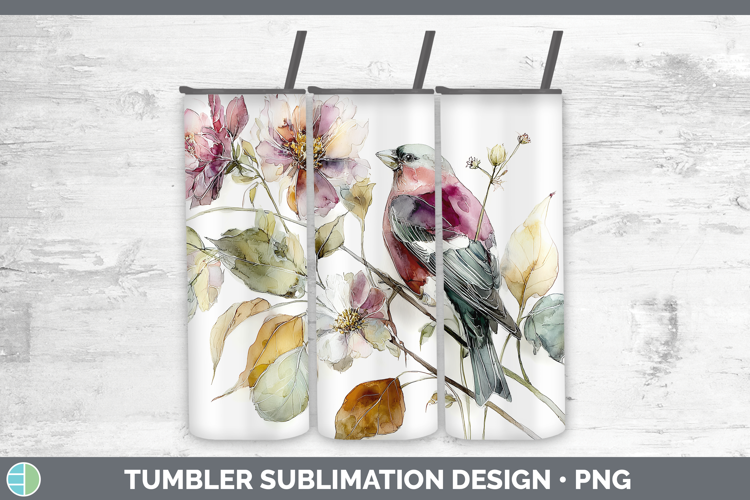 Pine Grosbeak Birds 01 Autumn Floral Tumbler Sublimation Des