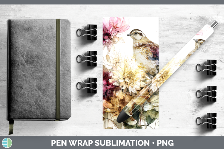 Quail Birds 01 Autumn Floral Pen Wrap Sublimation Design