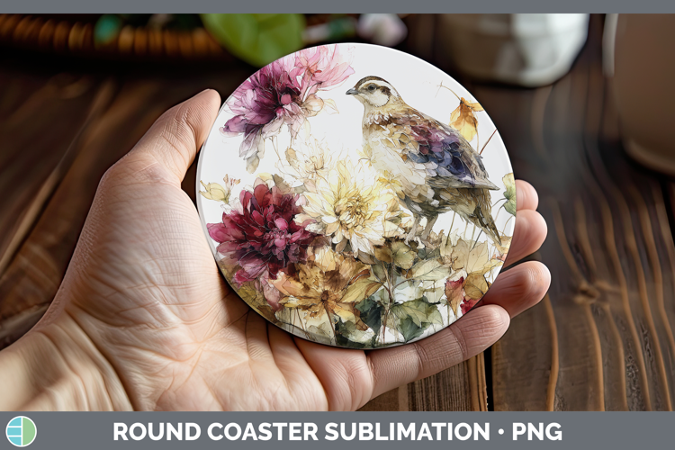 Quail Birds 01 Autumn Floral Round Coaster Sublimation Desig