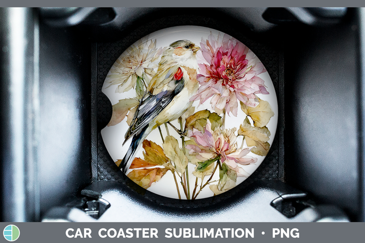 Snow Bunting Birds 01 Autumn Floral Car Coaster Sublimation