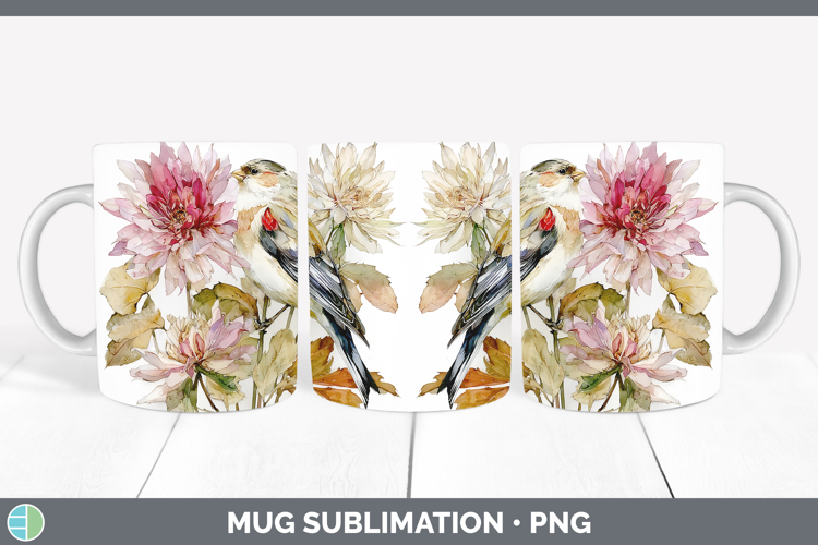 Snow Bunting Birds 01 Autumn Floral Mug Wrap Sublimation Des