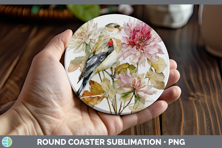 Snow Bunting Birds 01 Autumn Floral Round Coaster Sublimatio
