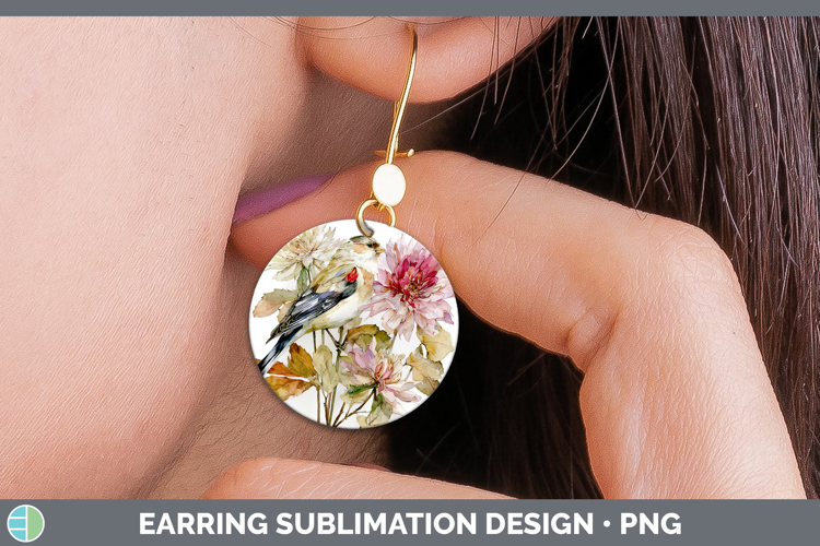 Snow Bunting Birds 01 Autumn Floral Round Earrings Sublimati