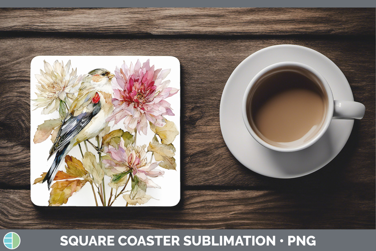 Snow Bunting Birds 01 Autumn Floral Square Coaster Sublimati
