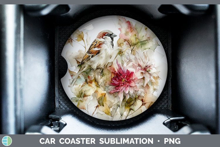 Sparrow Birds 01 Autumn Floral Car Coaster Sublimation Desig