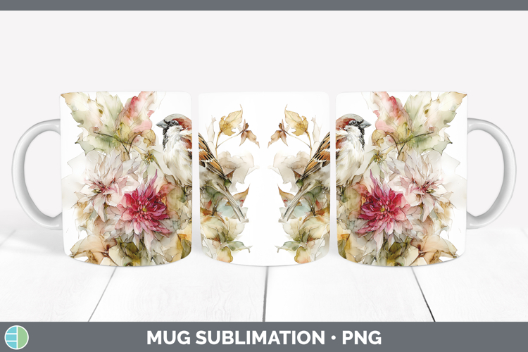 Sparrow Birds 01 Autumn Floral Mug Wrap Sublimation Design
