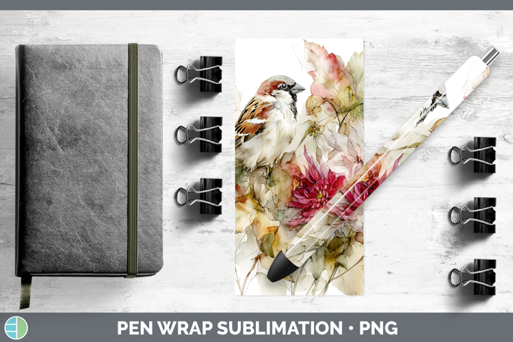 Sparrow Birds 01 Autumn Floral Pen Wrap Sublimation Design