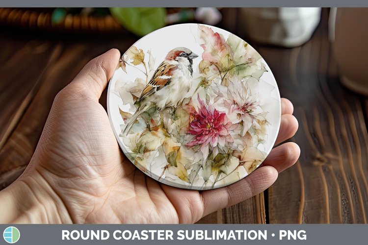 Sparrow Birds 01 Autumn Floral Round Coaster Sublimation Des